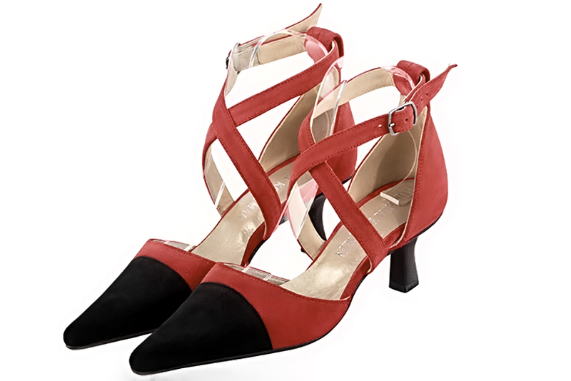Matt black and scarlet red women's open side shoes, with crossed straps. Pointed toe. Medium spool heels. Front view - Florence KOOIJMAN